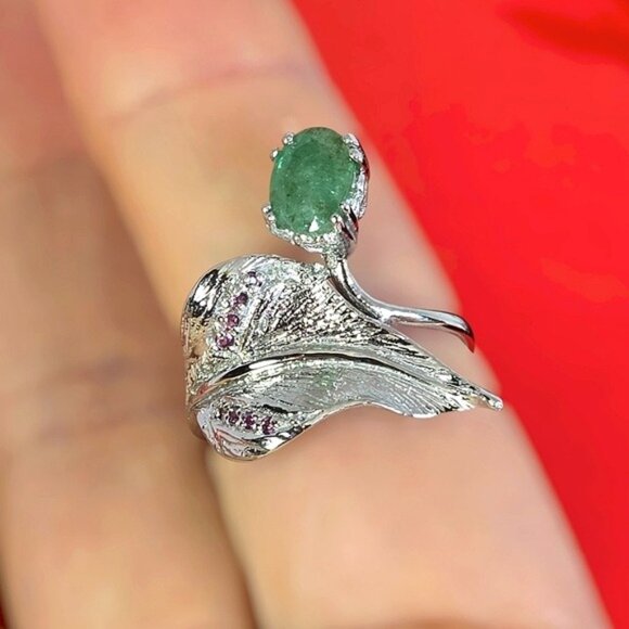 925 Sterling Silver Leaf Ring Sz 8 with Naural Emerald & Garnet Gemstone - Picture 7 of 13